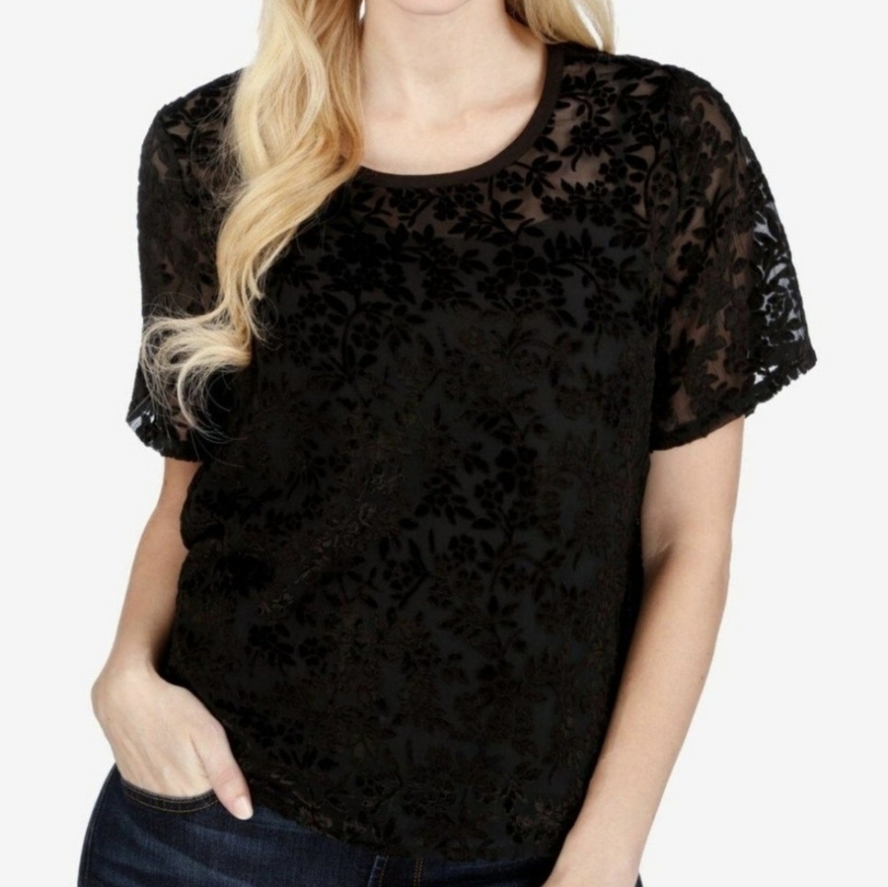 Lucky Brand Floral Boho Black Velvet Burnout Semisheer Blouse Size Small